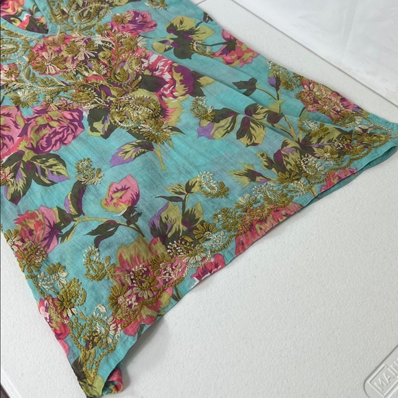 Indika Embroidered Tunic Top Floral V Neck Long Sleeve Light Teal Boho - Picture 8 of 8